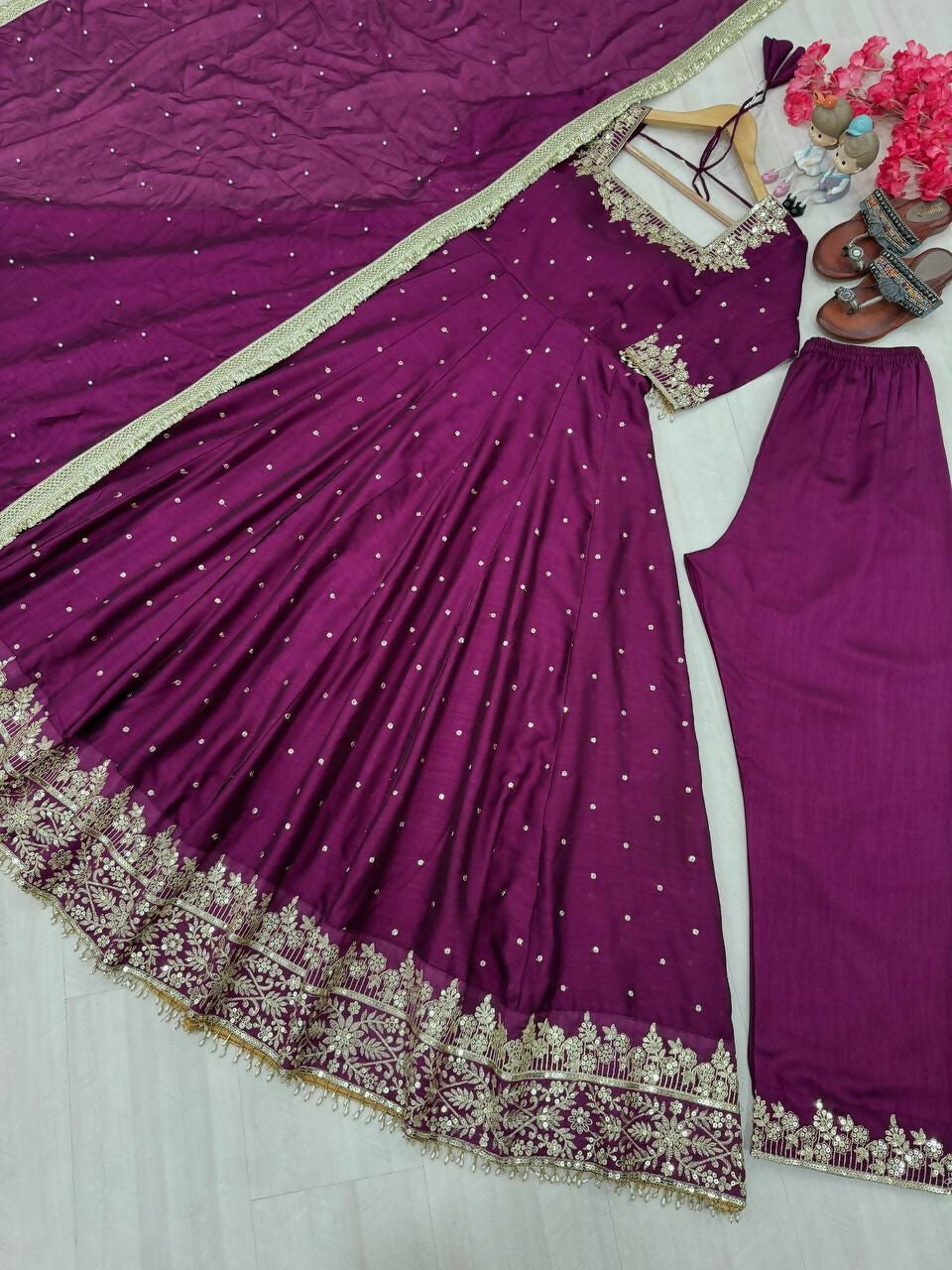 Teeya Creation Wine Color Pure Vichitra Silk Embroidery Work Party Wear Gown | Grocsy