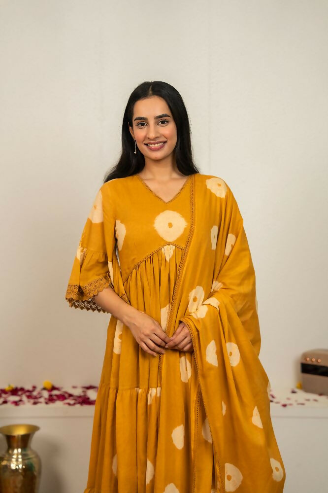Joban Fashion Musard Yellow Tie & Dye Cotton Suit Set | Grocsy