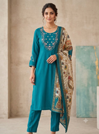 Teeya Creation Women Rama Green Embroidered Kurta Pant Set With Dupatta | Grocsy