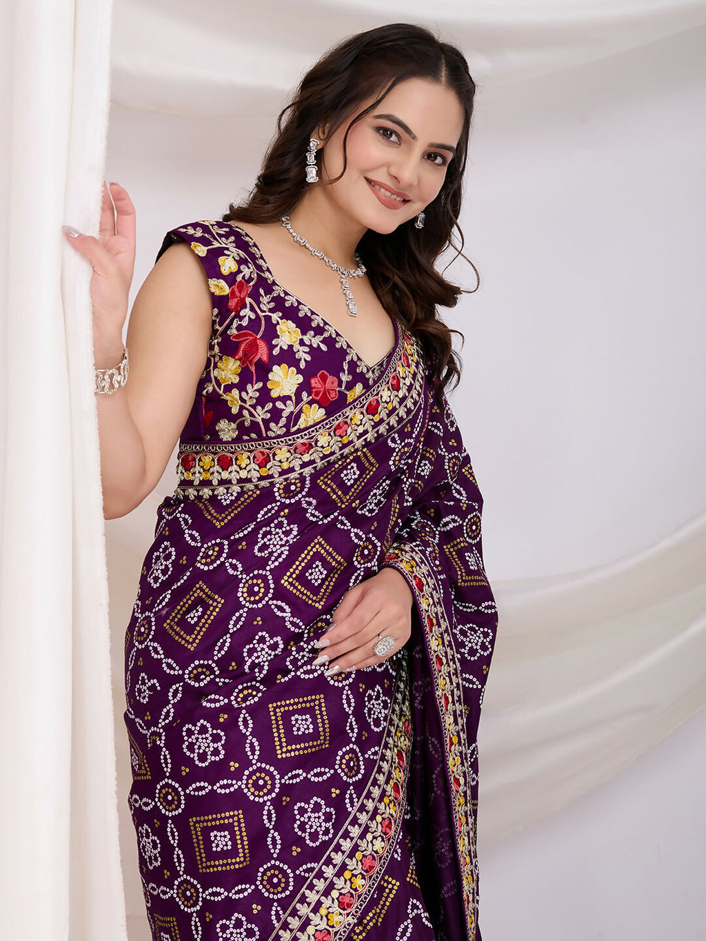 Voilet Vichitra Silk Bandhani Printed, Embroidery Work Saree - Ditya | Grocsy