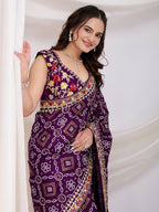 Voilet Vichitra Silk Bandhani Printed, Embroidery Work Saree - Ditya | Grocsy