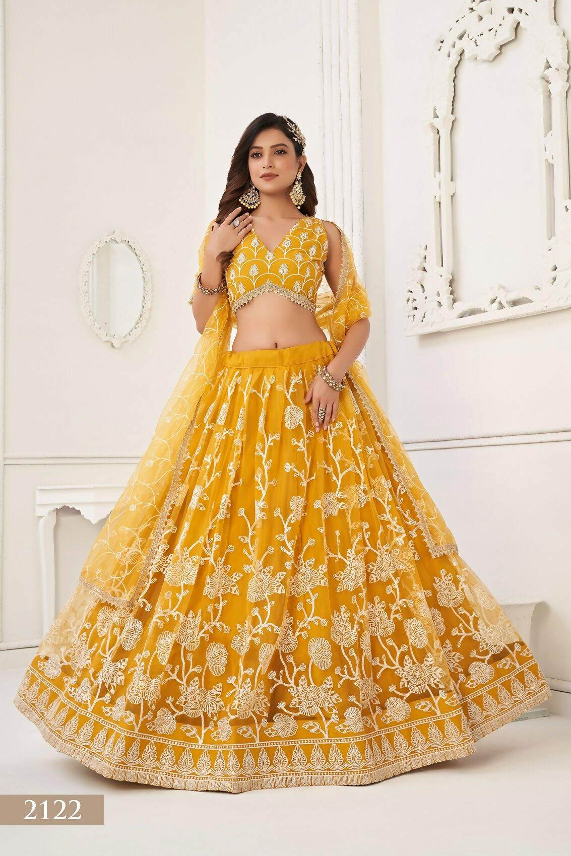 Eilara Women'S Mustard Butterfly Net With Sequins And Embroidery Work Lehenga Choli For Wedding | Grocsy