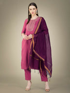 Jyoti Fashion Women's Wine Cotton Magic Slub Embroidery & Sequence work Kurta with Trouser & Dupatta | Grocsy