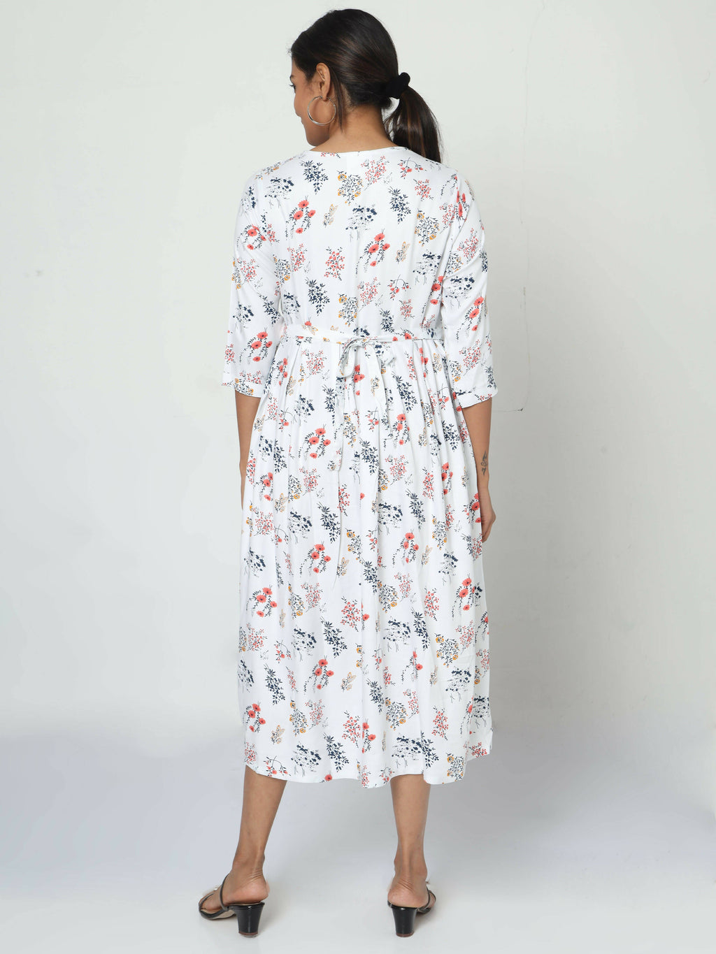 Manet Three Fourth Maternity Dress Floral Print With Concealed Zipper Nursing Access - White | Grocsy