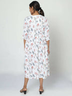Manet Three Fourth Maternity Dress Floral Print With Concealed Zipper Nursing Access - White | Grocsy