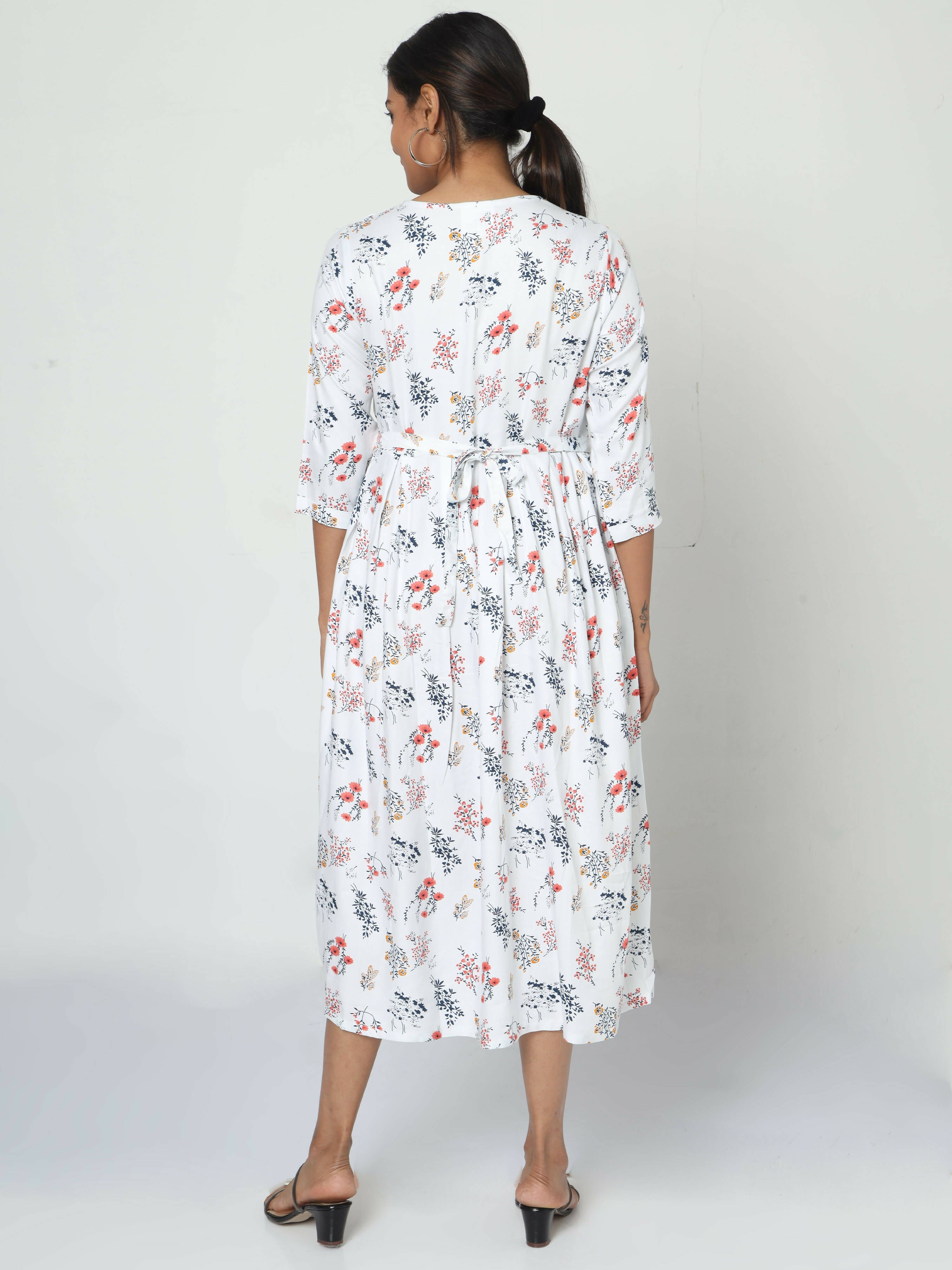 Manet Three Fourth Maternity Dress Floral Print With Concealed Zipper Nursing Access - White | Grocsy