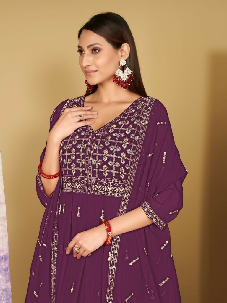 Jyoti Fashion Women's Purple Georgette Embroidered Anarkali Kurta Pant Set With Dupatta | Grocsy