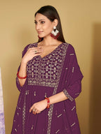 Jyoti Fashion Women's Purple Georgette Embroidered Anarkali Kurta Pant Set With Dupatta | Grocsy