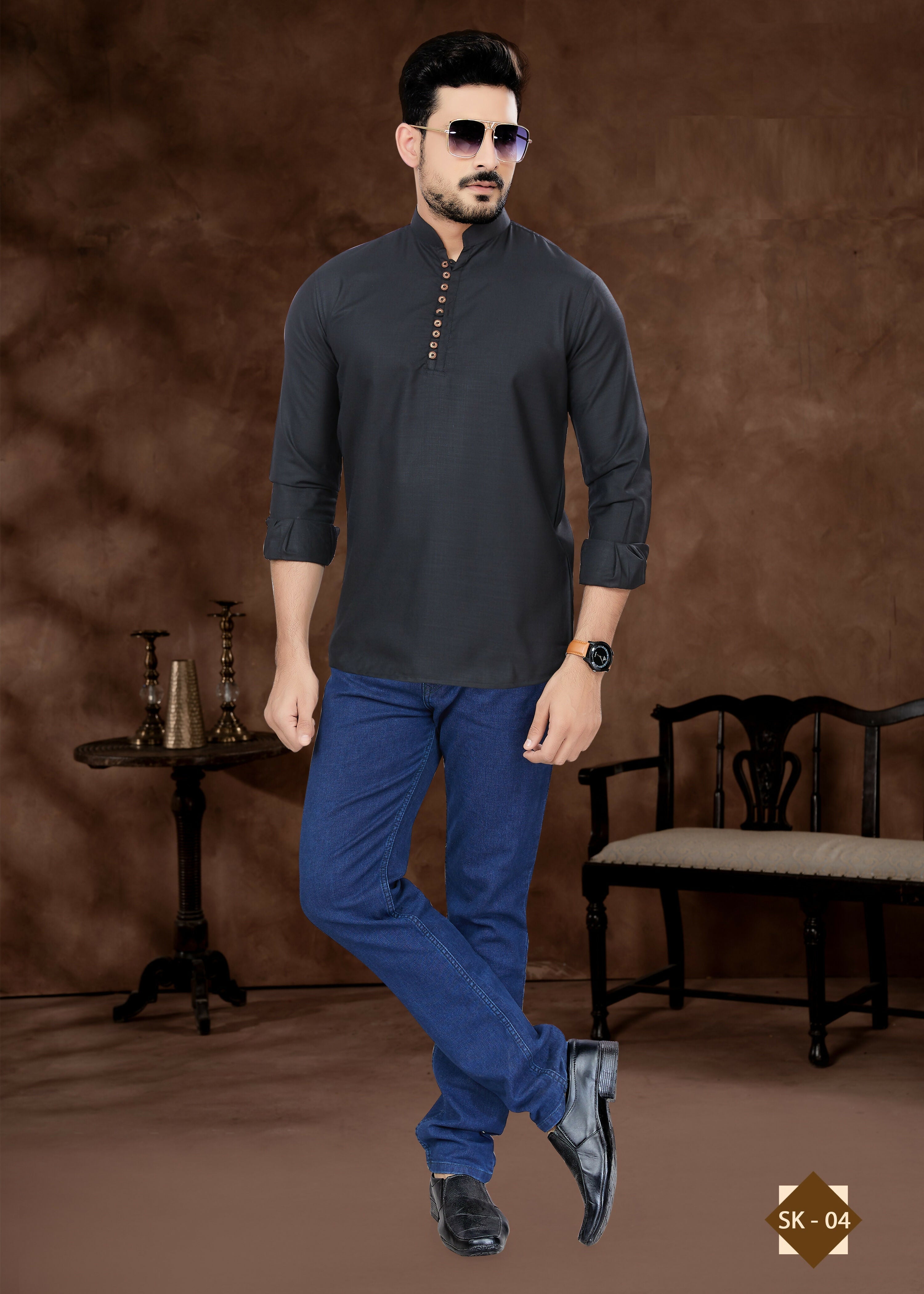 Joban Fashion Men's Pure Cotton Black Plain Short Kurta | Grocsy