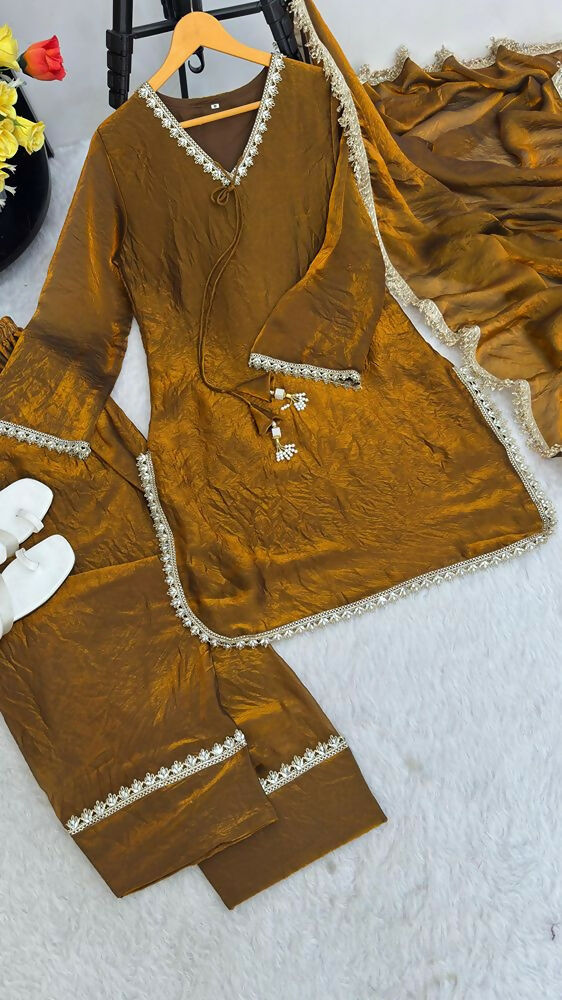 Teeya Creation New Trendy Elegant Gold Chanderi Silk Kurta Set with Delicate Lace Detailing and Matching Dupatta | Grocsy