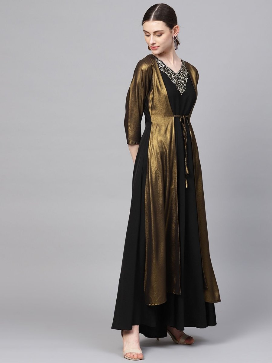 Ahalyaa Women's Black Crepe Dress with Attached Jacket | Grocsy