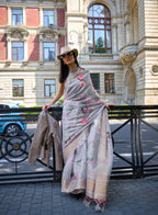 Grey Satin Organza Floral Woven Design Saree With Unstitched Blouse Piece - Klay's | Grocsy