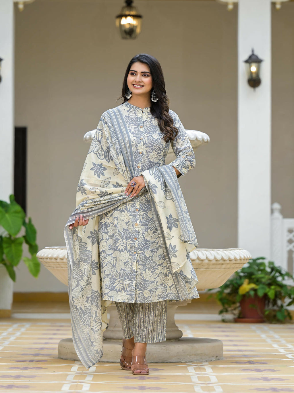 Juniper Women's Grey Floral Printed Cotton Kurta Set With Buttons | Grocsy
