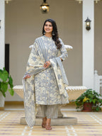 Juniper Women's Grey Floral Printed Cotton Kurta Set With Buttons | Grocsy