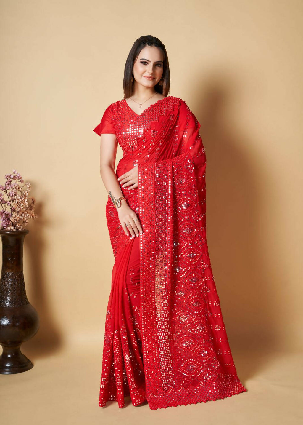 Vamsee Red Georgette Designer Saree | Grocsy