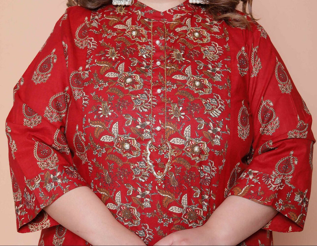 Miravan Women Floral Print Cotton Maroon Stitched Kurta Palazzo With Dupatta Set | Grocsy