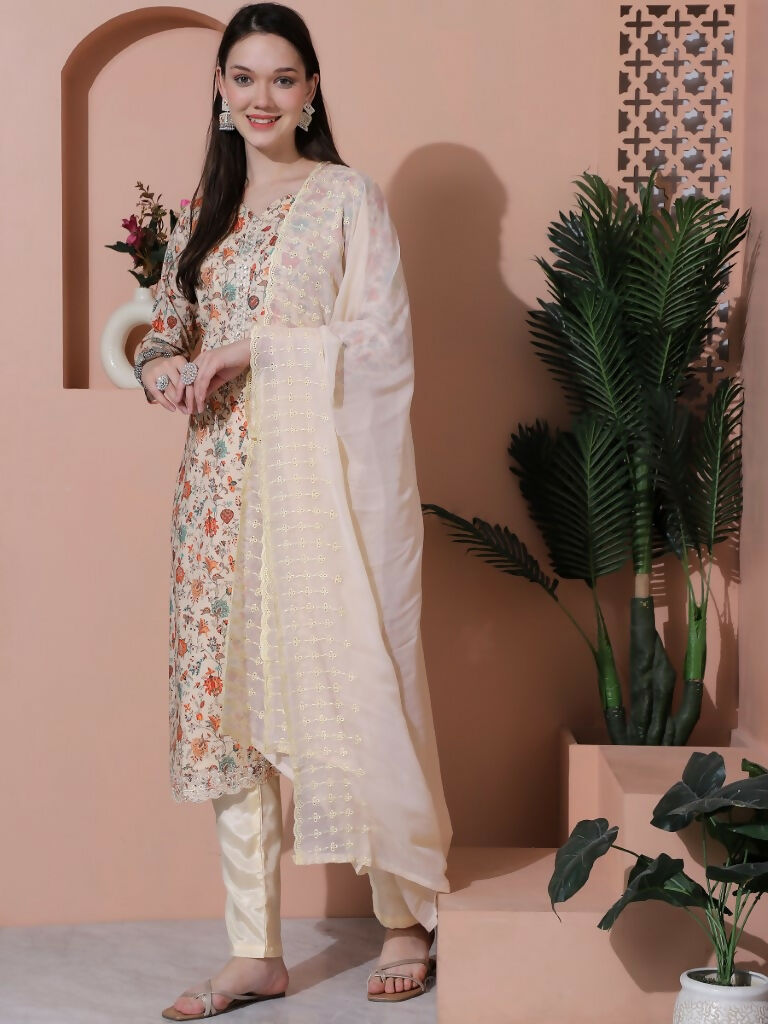 Jyoti Fashion Women's Beige Cotton Floral Digital Printed Kurta with Trouser & Dupatta | Grocsy