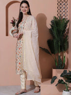 Jyoti Fashion Women's Beige Cotton Floral Digital Printed Kurta with Trouser & Dupatta | Grocsy