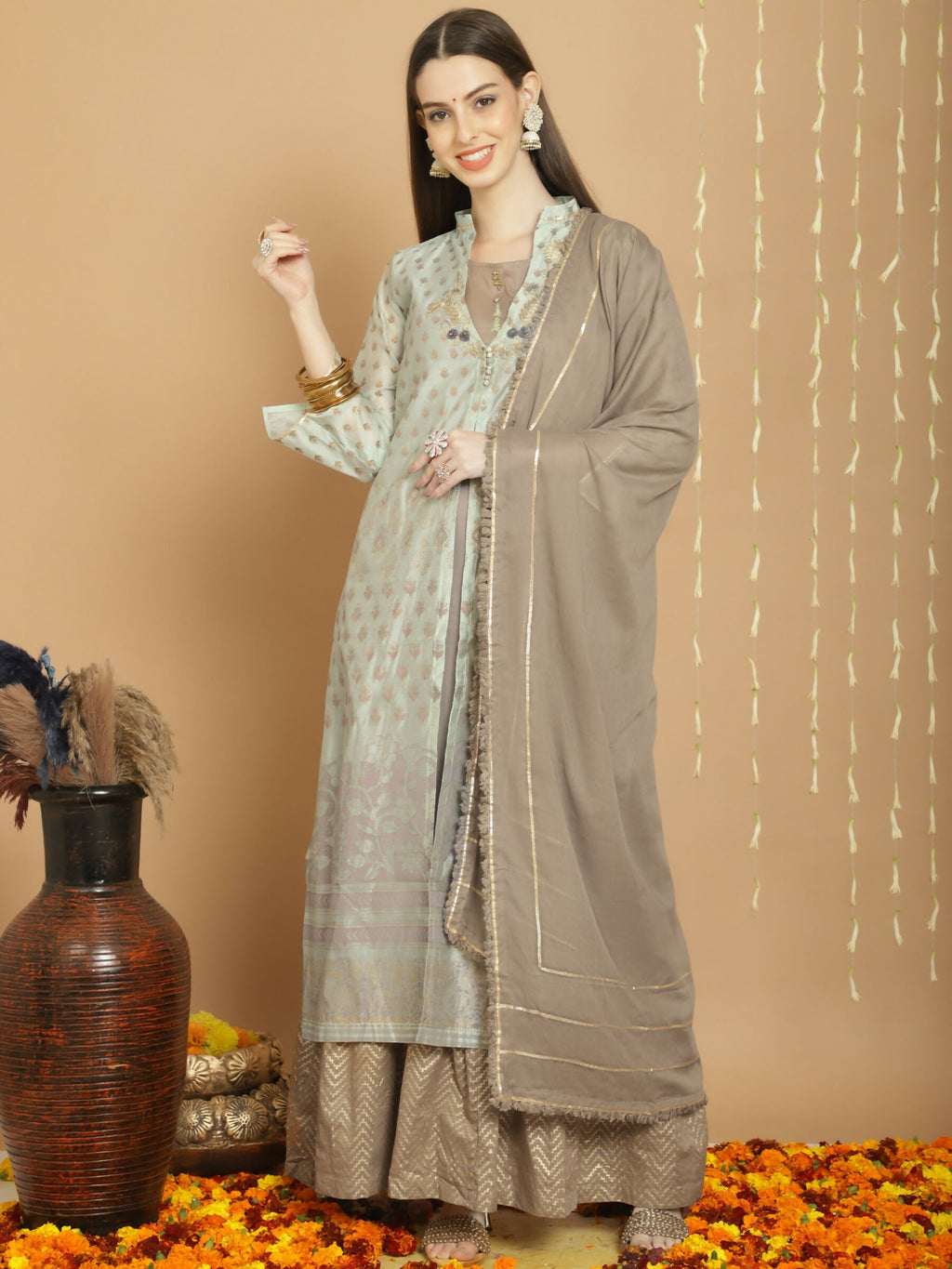 Jyoti Fashion Women's Green Chanderi Silk Elegant Jardoshi Semi Kurta with Trouser & Dupatta | Grocsy