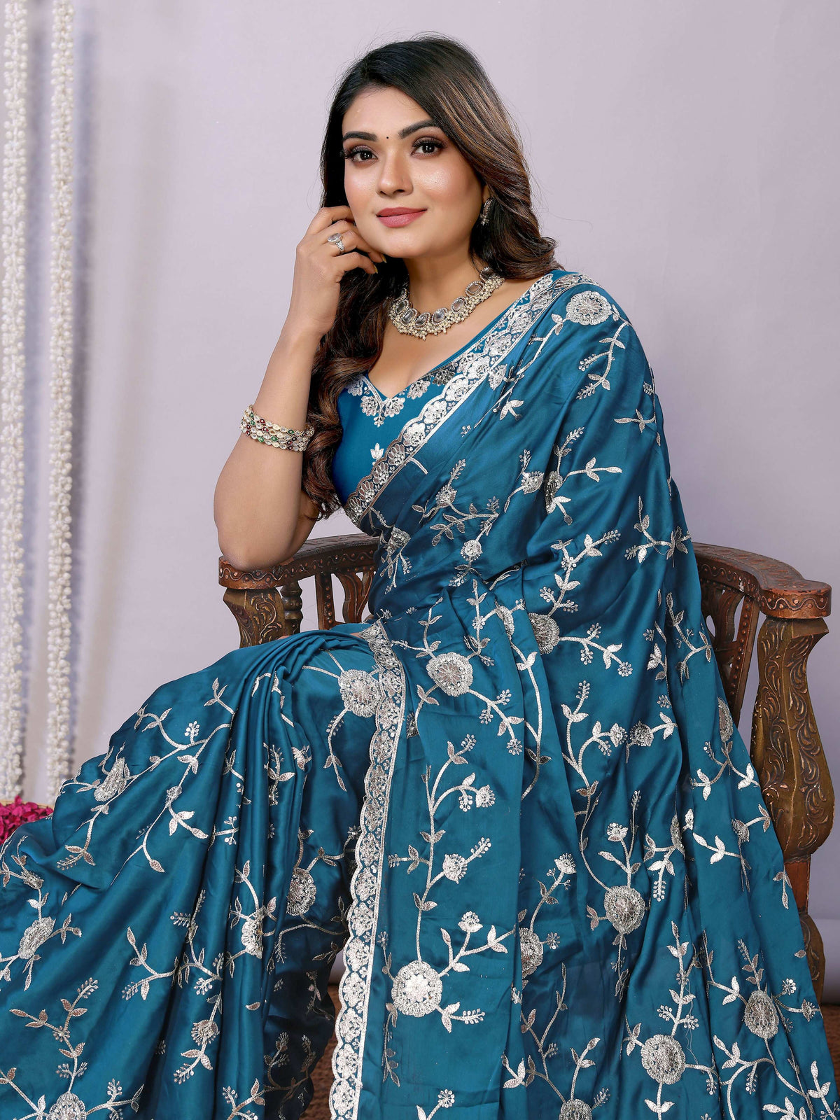 Blue Pure Satin Embroidered Saree With Stitched Blouse - Nimaya Kaksha | Grocsy