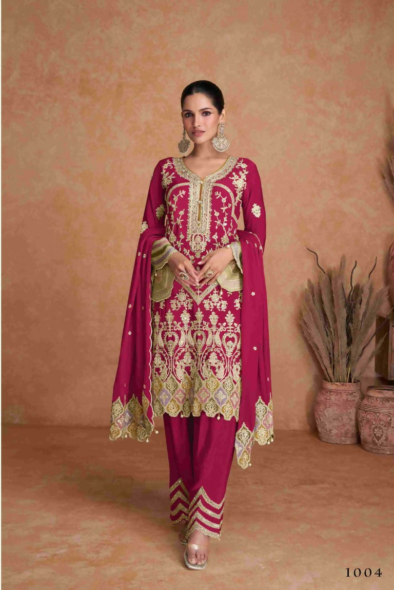 Festive Wear Ethnic Red Chinon Stitched Suit With Dupatta - Zeeya | Grocsy
