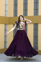 Jyoti Fashion Women's Wine Sequins Thread Embroidery Faux Blooming Anarkali Dress | Grocsy