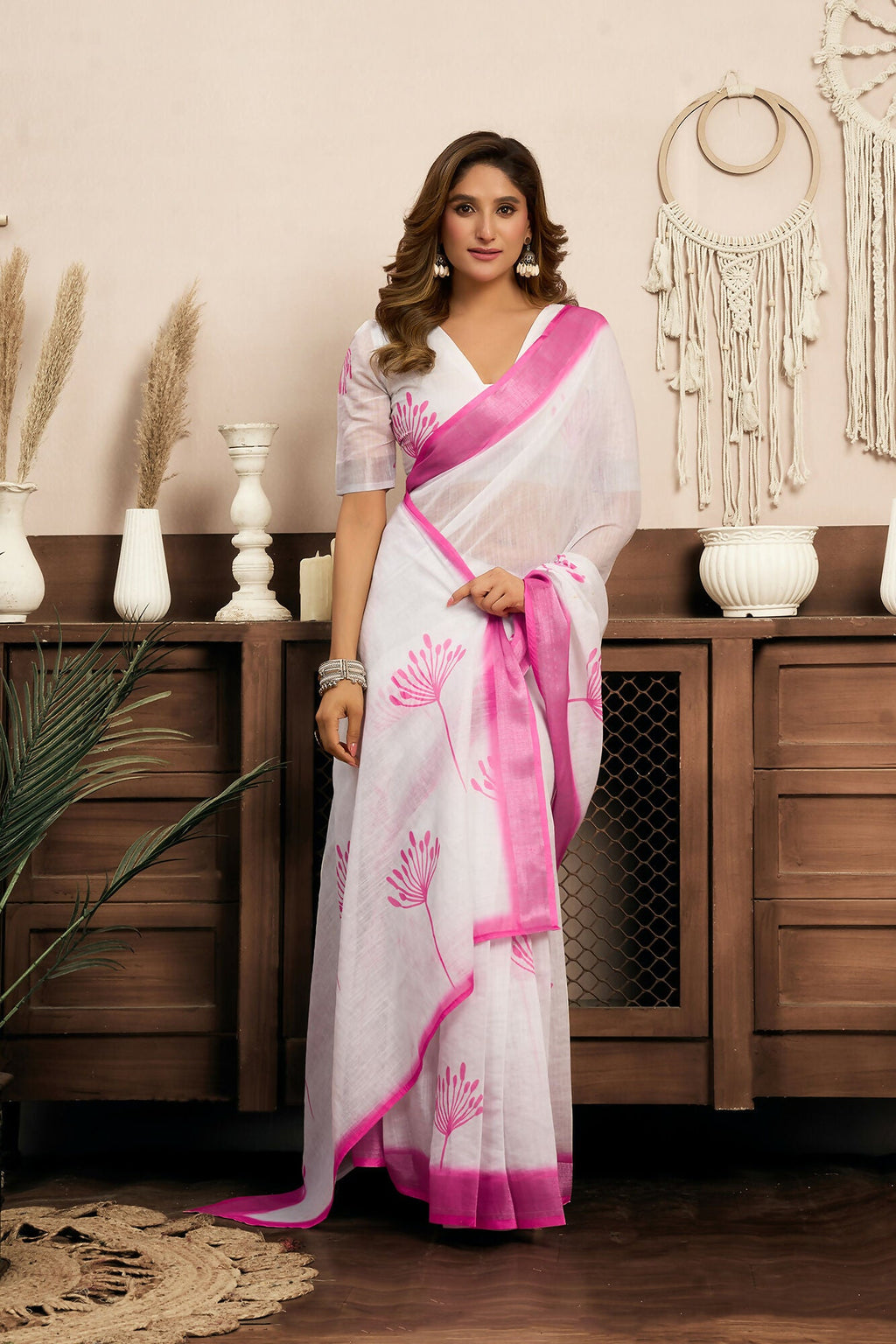 Vastranavya White Digital Printed Linen Ready To Wear Designer Saree with Unstitched Blouse | Grocsy