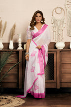 Vastranavya White Digital Printed Linen Ready To Wear Designer Saree with Unstitched Blouse | Grocsy