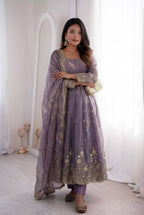 Teeya Creation Womens New Latest Trendy Elegant Lavendar Embroidered Anarkali Suit Set with Scalloped Dupatta | Grocsy