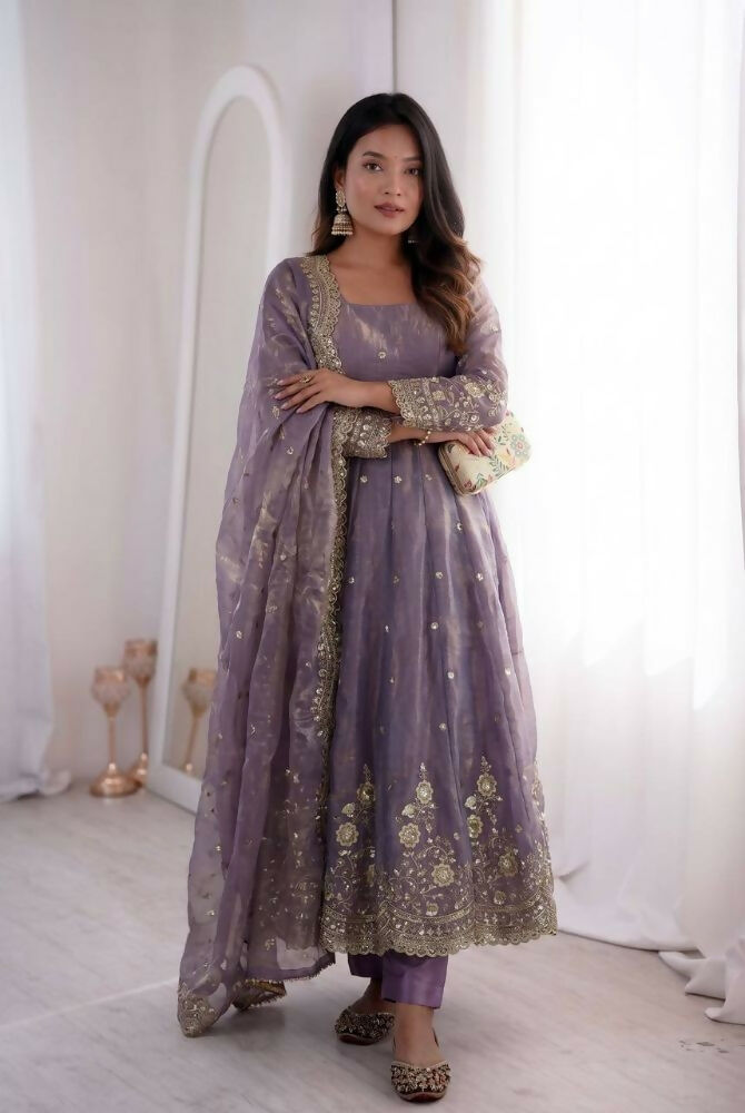 Teeya Creation Womens New Latest Trendy Elegant Lavendar Embroidered Anarkali Suit Set with Scalloped Dupatta | Grocsy
