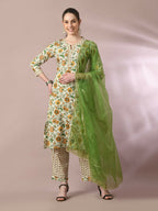 Myshka Women's Multi Printed Cotton Straight Party Kurta Set With Dupatta | Grocsy