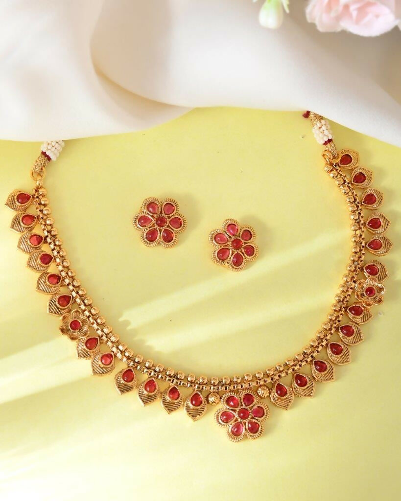 VOJ Gold-Polished Flower Shaped Ruby Stone Studded Jewellery Set | Grocsy