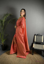 Joban Fashion Peach Banarasi Soft Lichi Silk Checks & Woven Saree | Grocsy