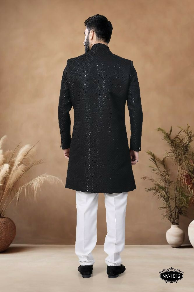Joban Fashion Men's Black Straight Silk Thread & Sequence Embroidery All Over Indo-Western Kurta Set | Grocsy