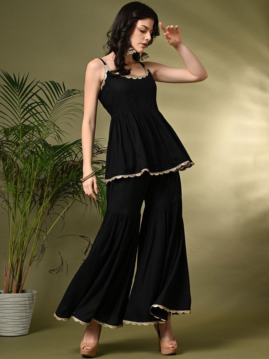 Sangria A-Line Kurti With Sharara & Dupatta | Grocsy