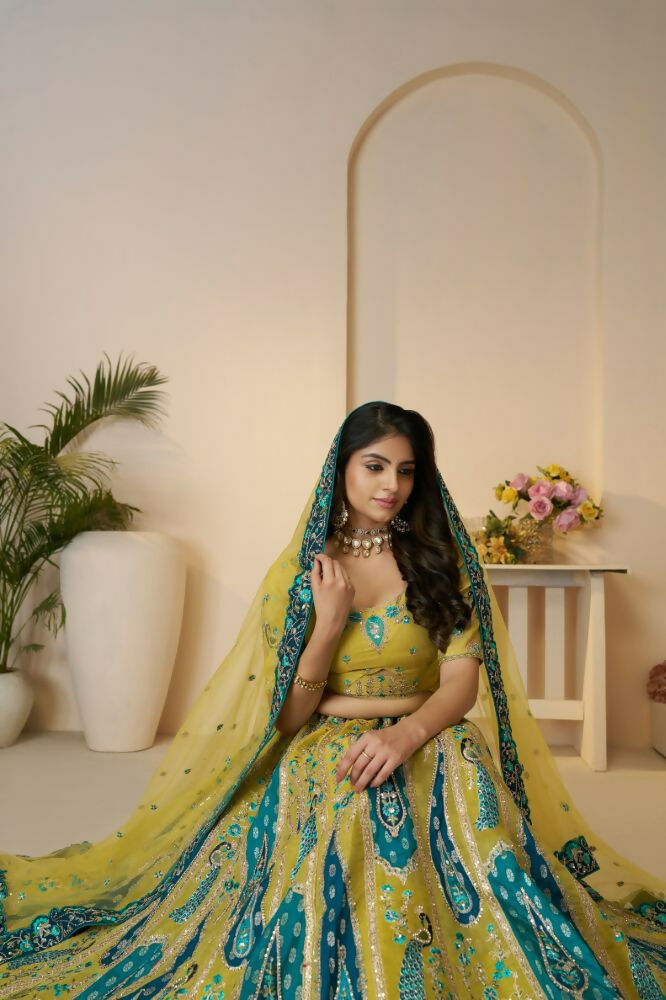 Kesar Fab Yellow Banarasi Silk Embroidered Lehenga | Grocsy