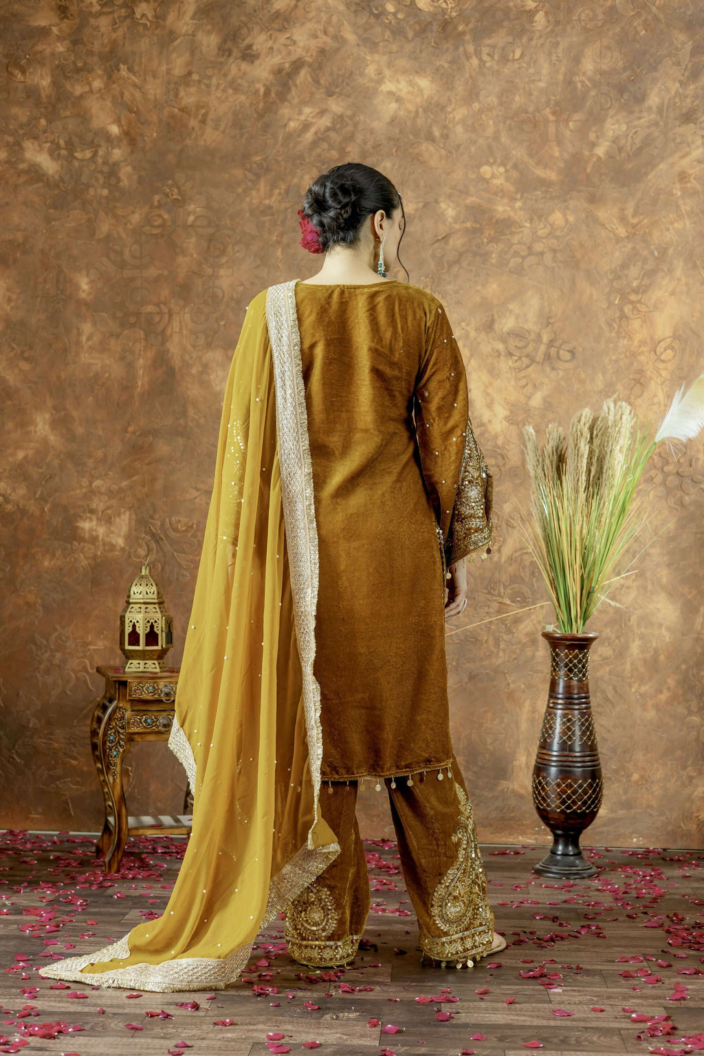 Teeya Creation Yellow Color Velvet Silk Embroidery Work Party Wear Suit | Grocsy