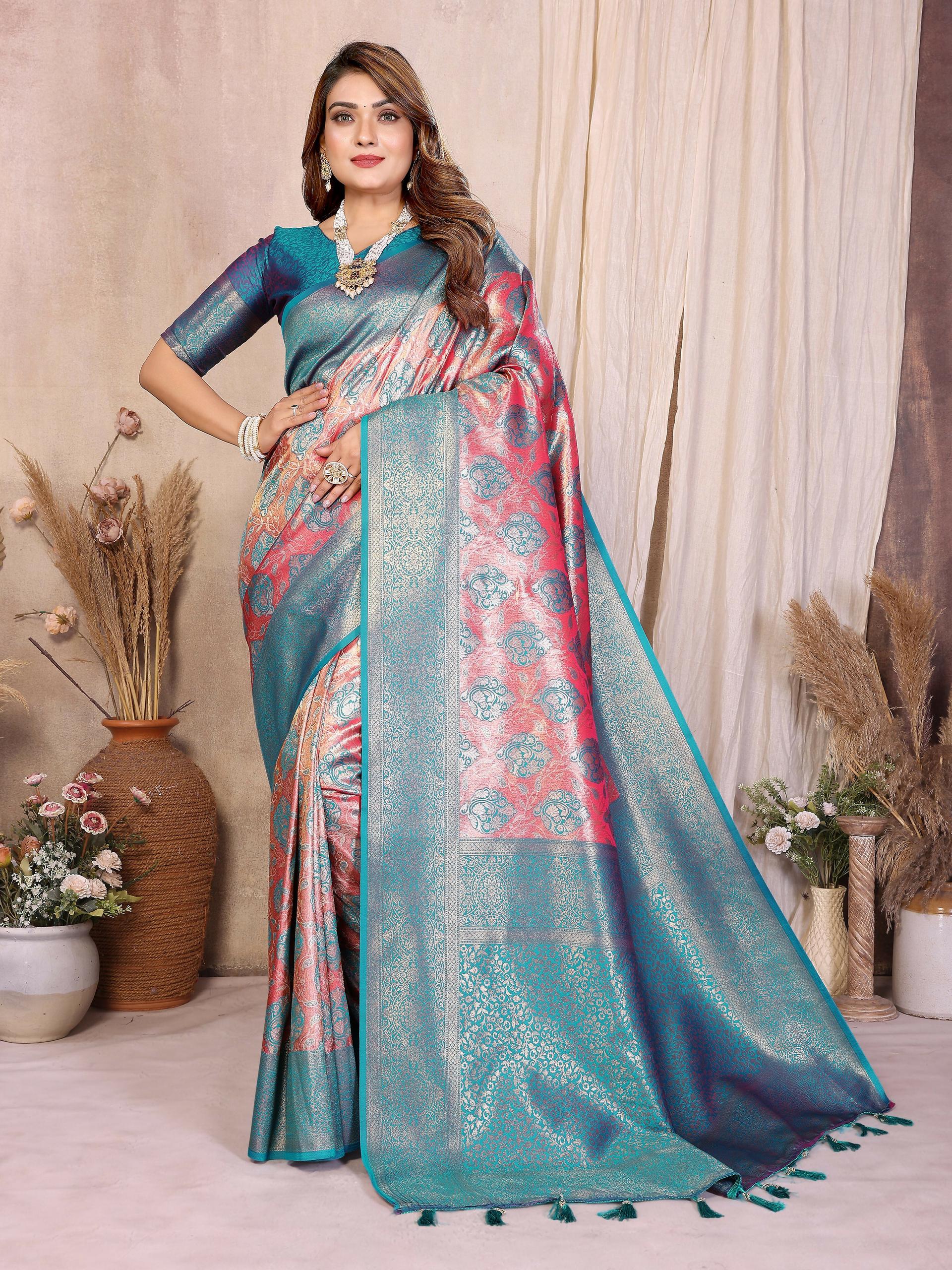 Aastha Fashion Aqua Banarasi Tissue Silk Weaving Saree | Grocsy