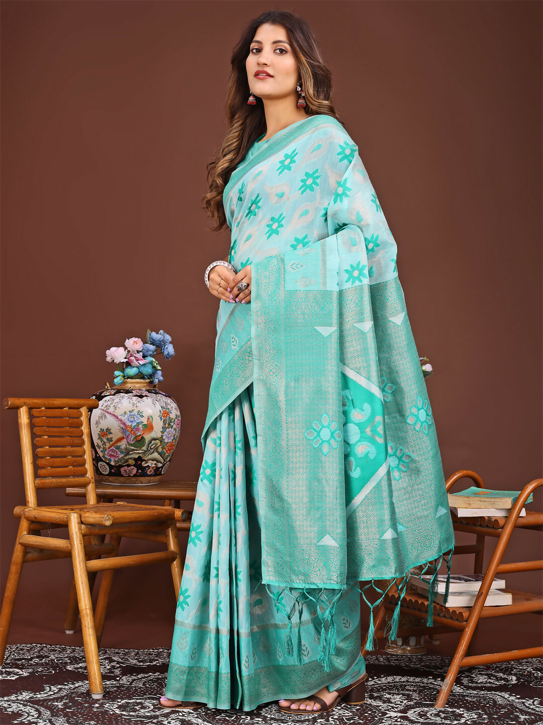 Shree Shyam Fashion Sajni Sea Green Linen Cotton Saree | Grocsy