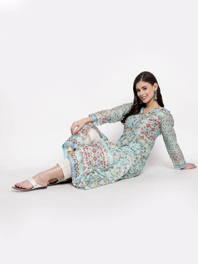 Myshka Women's Multi Cotton Printed Full Sleeve V Neck Casual Kurta | Grocsy