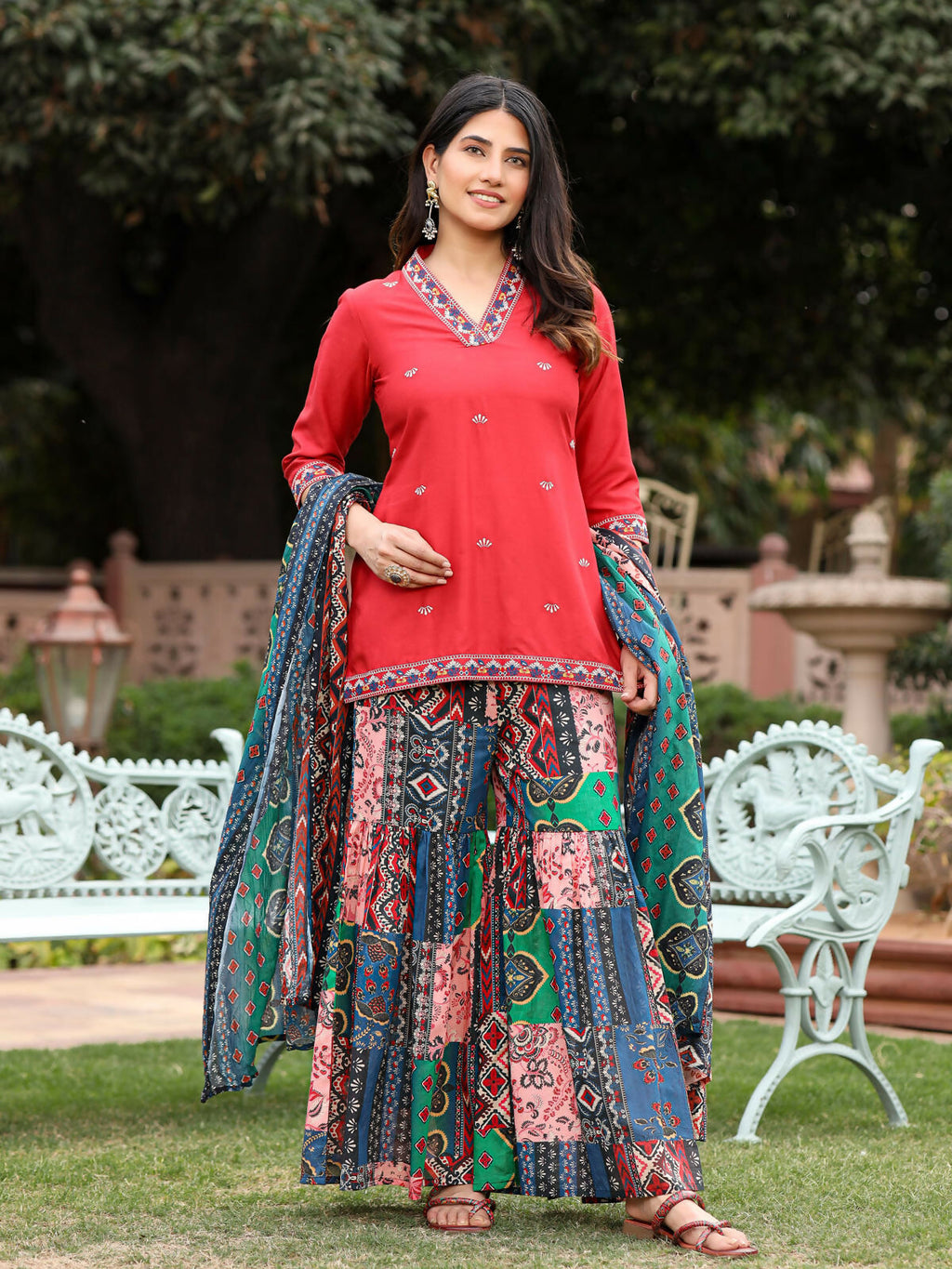 Juniper Women's Rust Thered Embroidered Rayon Kurta Sharara & Voile Dupatta Set | Grocsy