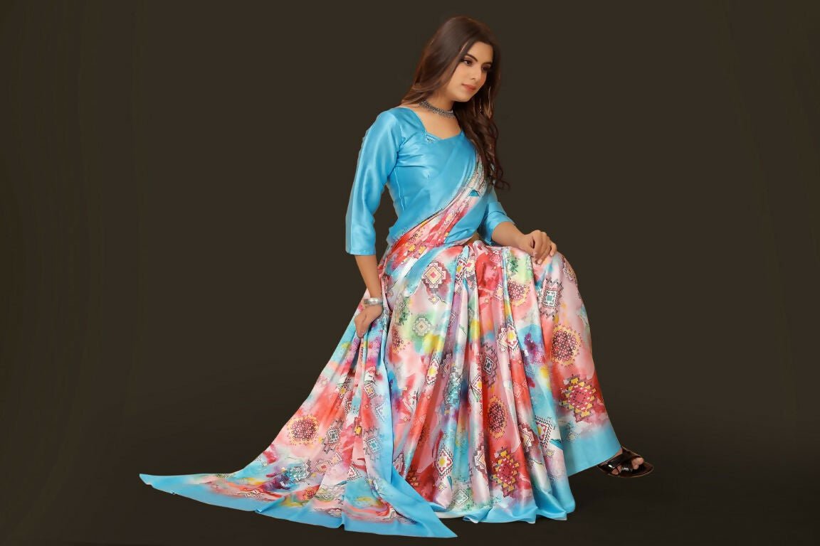Aayaa Designer Printed Satin Saree - Multi Color | Grocsy