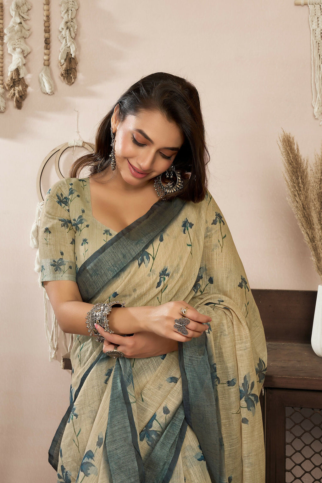 Joban Fashion Beige Floral Linen Ready To Wear Saree With Unstitched Blouse | Grocsy