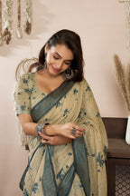 Joban Fashion Beige Floral Linen Ready To Wear Saree With Unstitched Blouse | Grocsy