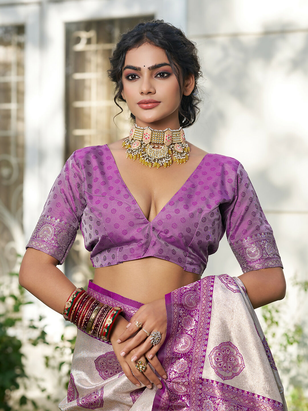 Shree Shyam Fashion Cream With Purple Silk Blend Saree | Grocsy