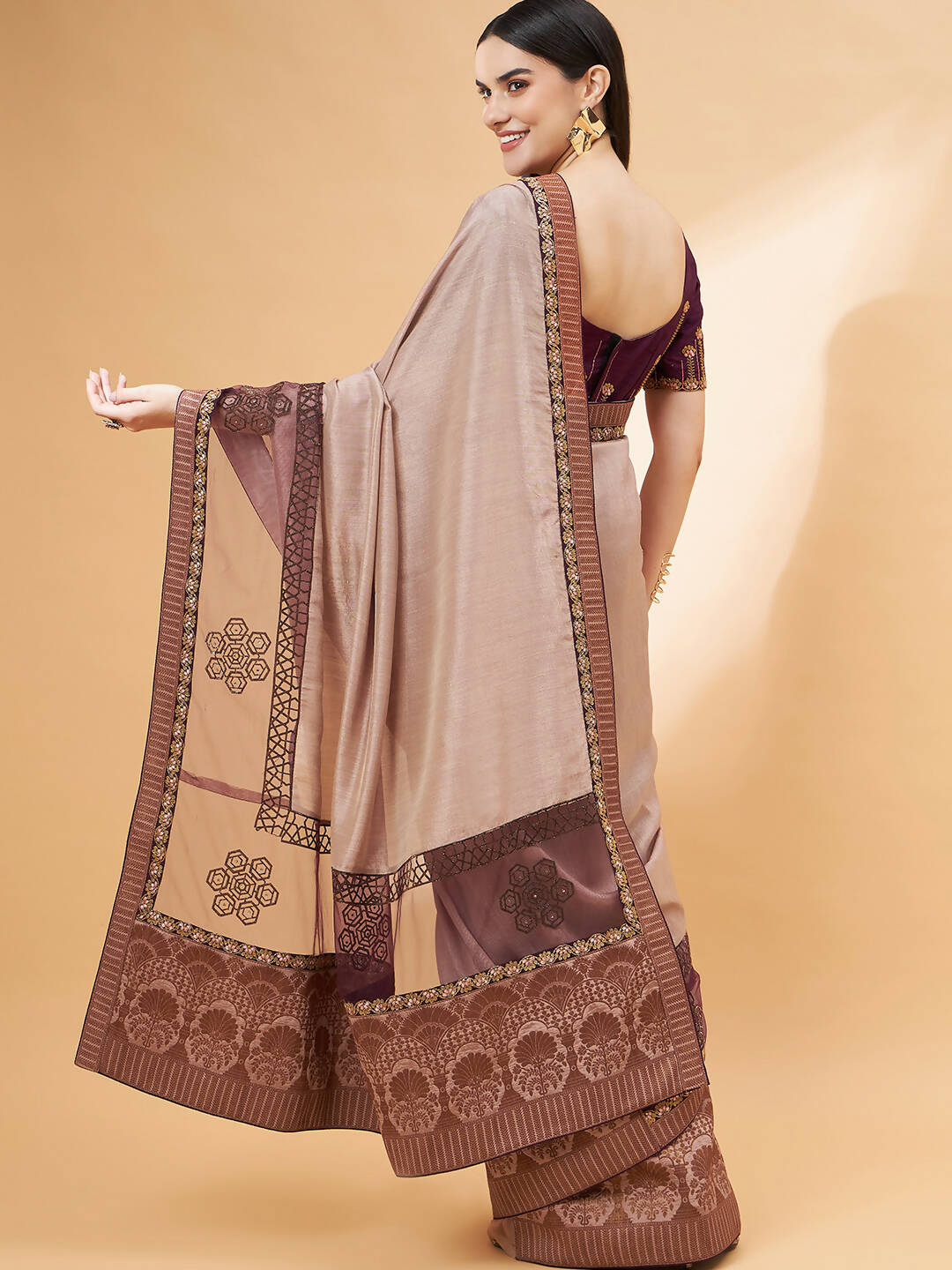 Beige, Purple Tussar Silk Zari, Thread And Cord Embroidery, Laser Cut Applique Saree - Norita Hit Design | Grocsy