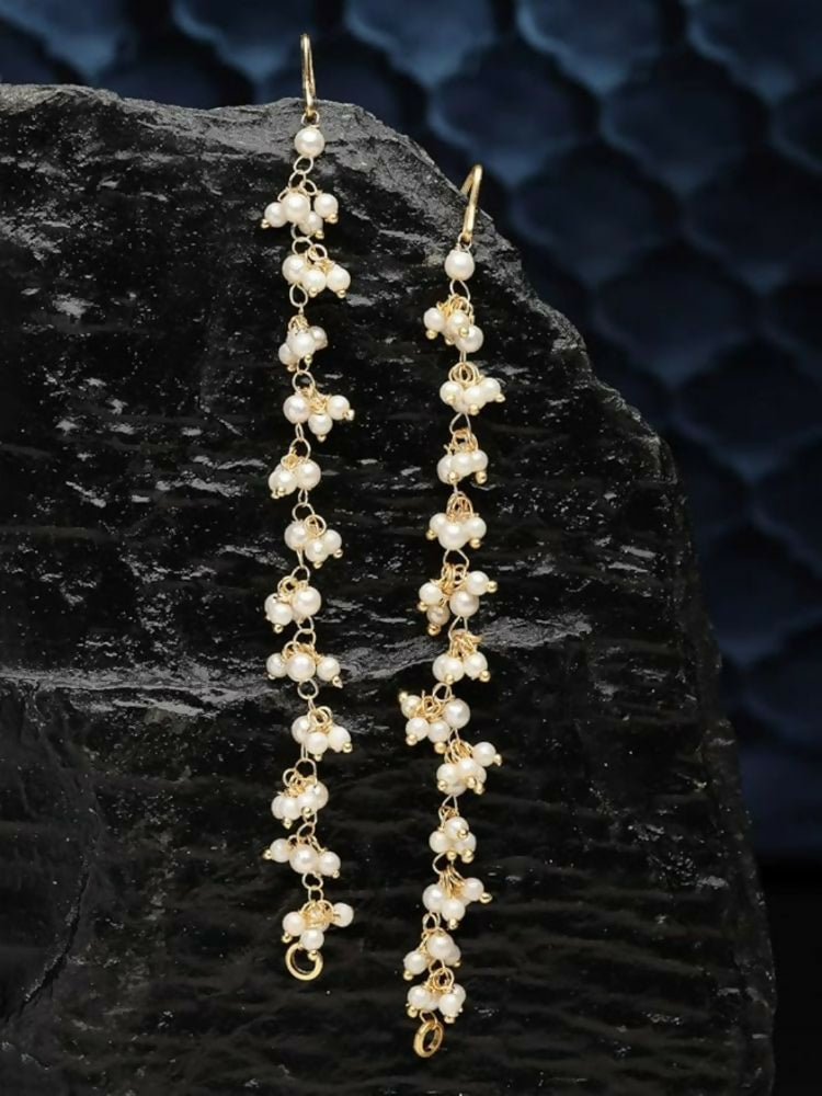 NVR Women Gold-Polished Pearls Studded Classic Layered Ear Chain Earrings | Grocsy