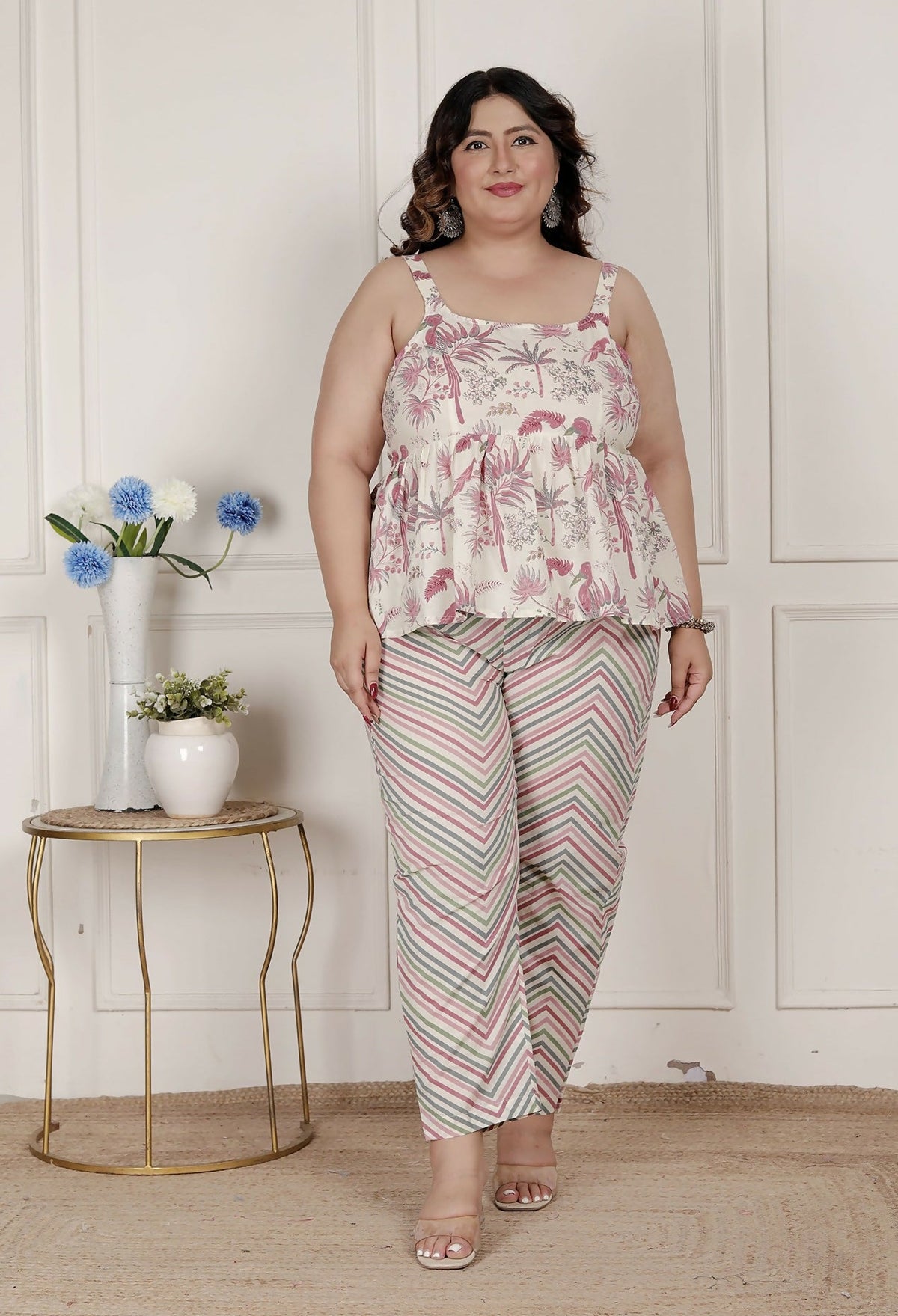 Miravan Womens Plus Size Pink Pure Cotton Leaf Printed Kurti With Palazzo | Grocsy