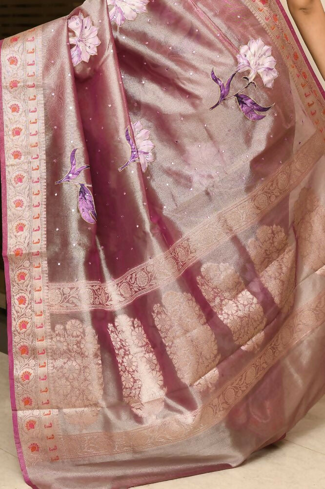 Joban Fashion Purple Saree Tissue Applick With Mirror | Grocsy