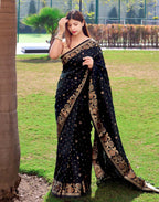 DEIANA'S Beautiful Designer Golden zari Soft Lichi Silk Saree - Black | Grocsy
